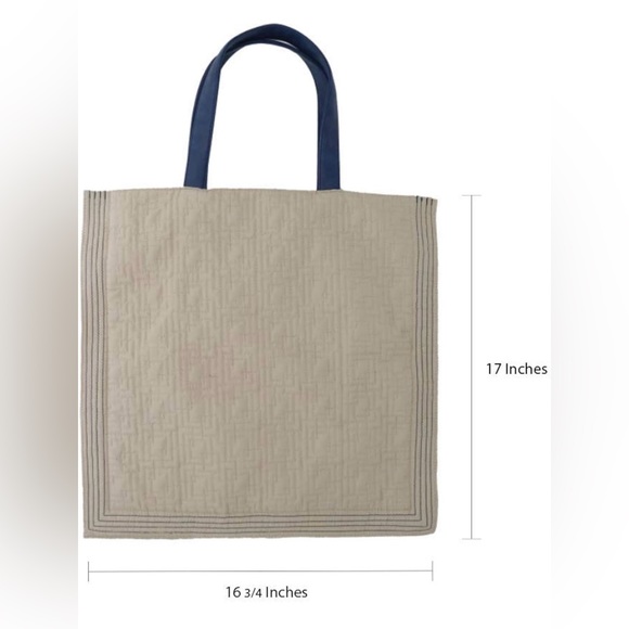 Win&Co Quilted Tote Cream Beige Blue Handles Blue Stitching Purse Versatile - Picture 4 of 8